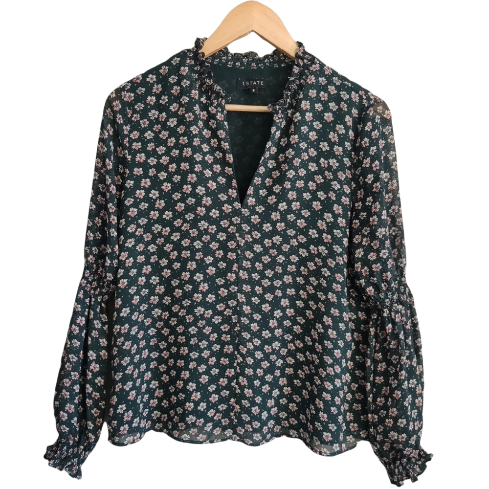 1. State Green Floral V-Neck Long Sleeve Blouse Size Small - Picture 2 of 11